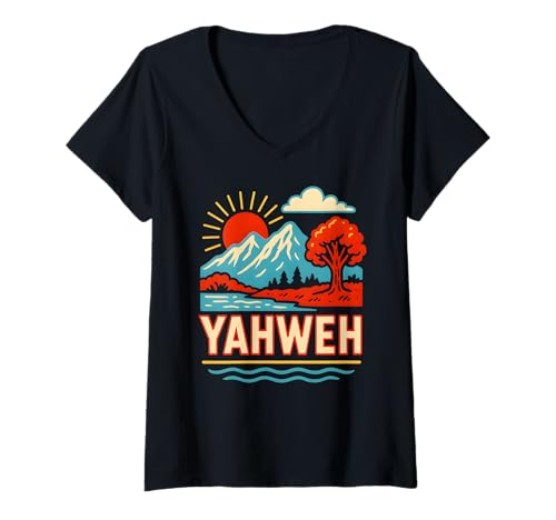 Damen Faith Yahweh Vintage Herren Christian Religiös T-Shirt mit V-Ausschnitt von Christian Faith Religious Bible Verse Apparel