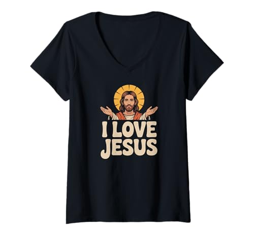 Damen I Love Jesus inspirierendes christliches Glaubens-Zitat T-Shirt mit V-Ausschnitt von Christian Faith Religious Spiritual Jesus Devotion
