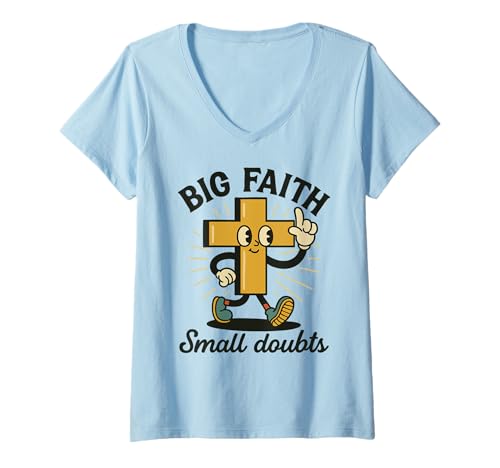 Damen Christian Vintage Cartoon Kreuz Big Faith Small Doubts T-Shirt mit V-Ausschnitt von Christian Faith Retro Vintage Cartoon Positive Art