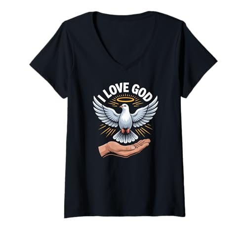 Damen I Love God Dove Heiligenschein Hand Spirituelle Kunst T-Shirt mit V-Ausschnitt Damen I Love God Dove Heiligenschein Hand Spirituelle Kunst T-Shirt mit V-Ausschnitt von Christian Faith Spiritual Devotion Symbol Love