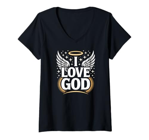 Damen Ich Liebe Gott, Engelsflügel, Motiv: Halosterne T-Shirt mit V-Ausschnitt Damen Ich Liebe Gott, Engelsflügel, Motiv: Halosterne T-Shirt mit V-Ausschnitt von Christian Faith Spiritual Message Expression