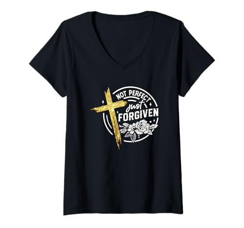 Damen Blumenmotiv Not Perfect Just Forgiven Cross T-Shirt mit V-Ausschnitt Damen Blumenmotiv Not Perfect Just Forgiven Cross T-Shirt mit V-Ausschnitt von Christian Faith Spiritual Motivation Inspiration