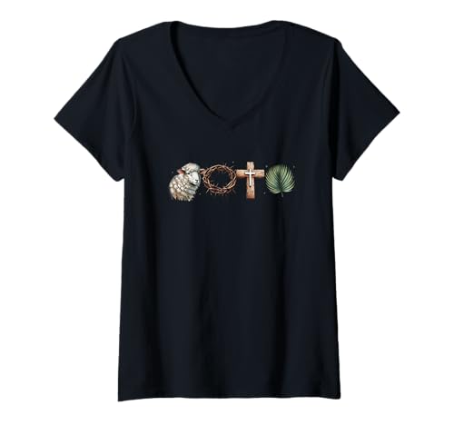 Damen Lammkrone, Dornen, Kreuz, Palme, Religiöse Ikonen T-Shirt mit V-Ausschnitt Damen Lammkrone, Dornen, Kreuz, Palme, Religiöse Ikonen T-Shirt mit V-Ausschnitt von Christian Faith Symbols Spiritual Reflection