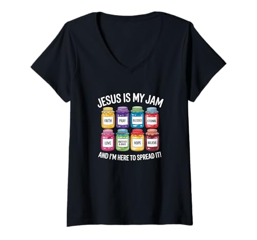 Damen Jesus ist Meine Marmelade und ich Bin Hier, um sie christlich zu verbreiten T-Shirt mit V-Ausschnitt von Christian Faith Vibe - DressedForDuty