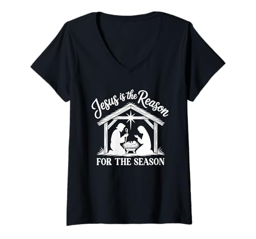 Damen Jesus is The Reason Weihnachtskrippe Weihnachtsdesign T-Shirt mit V-Ausschnitt Damen Jesus is The Reason Weihnachtskrippe Weihnachtsdesign T-Shirt mit V-Ausschnitt von Christian Faith and Nativity Holiday Designs