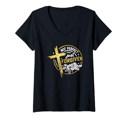 Damen Not Perfect Just Forgiven Kreuz-Blumenmuster T-Shirt mit V-Ausschnitt Damen Not Perfect Just Forgiven Kreuz-Blumenmuster T-Shirt mit V-Ausschnitt von Christian Faithful Inspirational Religious Cross