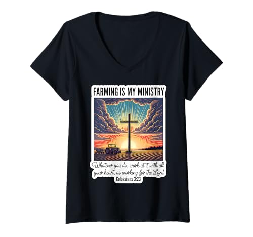 Damen Christian Farmer Farming is My Ministry Lord Jesus Christus T-Shirt mit V-Ausschnitt Damen Christian Farmer Farming is My Ministry Lord Jesus Christus T-Shirt mit V-Ausschnitt von Christian Farmer Products