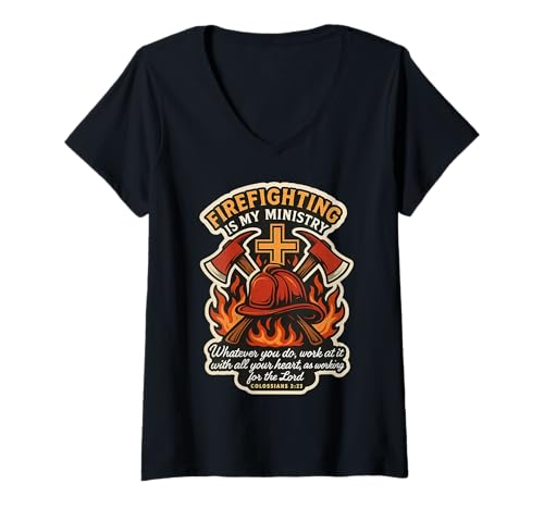 Damen Christian Firefighter Firefighter Firefighting ist Mein Feuerwehrmann T-Shirt mit V-Ausschnitt Damen Christian Firefighter Firefighter Firefighting ist Mein Feuerwehrmann T-Shirt mit V-Ausschnitt von Christian Firefighter Products
