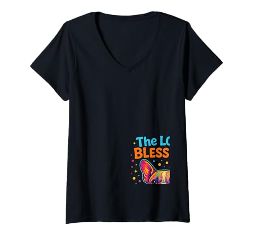 Damen The Lord's Blessing Französische Bulldogge Hund Faith Buntes Design T-Shirt mit V-Ausschnitt von Christian French Bulldog Blessing Apparel