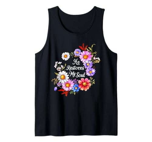 He Restores My Soul Bibelvers Christian Floral Women Tank Top von Christian Gifts Co.