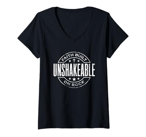 Damen Unerschütterlicher Glaube, der auf Rock Bible Christian T-Shirt mit V-Ausschnitt Damen Unerschütterlicher Glaube, der auf Rock Bible Christian T-Shirt mit V-Ausschnitt von Christian Gifts and Tees