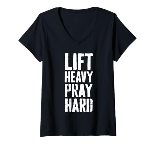 Damen Schweres Heben, Beten, Schweres, religiöses christliches T-Shirt mit V-Ausschnitt von Christian Gym Wear and Religious Lifting Shirts