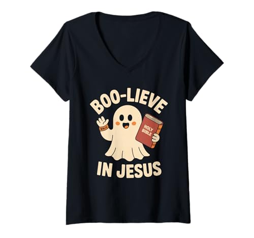 Damen Boo-Lieve In Jesus - Christliches Halloween-Christentum T-Shirt mit V-Ausschnitt von Christian Halloween Merch