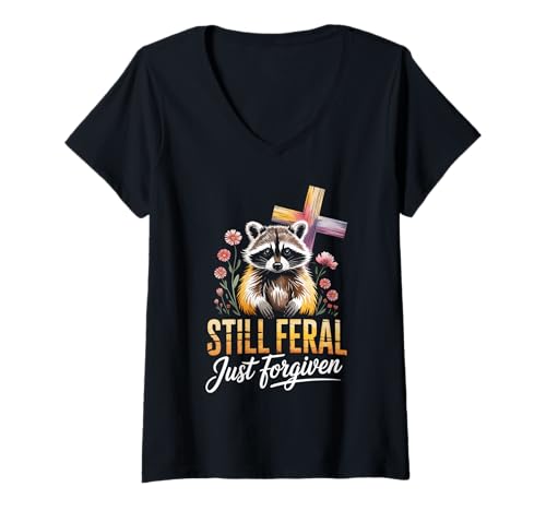 Damen Still Feral Just Forgiven Lustiger Waschbär Floral Cross Sarcasm T-Shirt mit V-Ausschnitt Damen Still Feral Just Forgiven Lustiger Waschbär Floral Cross Sarcasm T-Shirt mit V-Ausschnitt von Christian Humor Animal Lovers Faith Wild Redeemed
