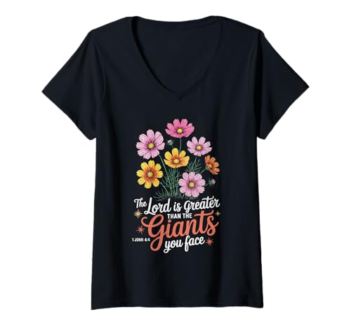 Damen The Lord is Greater Than Giants Blumiges christliches Jesus-Zitat T-Shirt mit V-Ausschnitt Damen The Lord is Greater Than Giants Blumiges christliches Jesus-Zitat T-Shirt mit V-Ausschnitt von Christian Inspirational Faithful Bloom Designs Co.