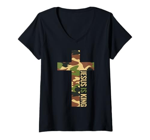 Damen Jesus is King Cross Christian Camo Camouflage Jagd Gott T-Shirt mit V-Ausschnitt von Christian Jesus Is King Faith Easter God Gifts Co.
