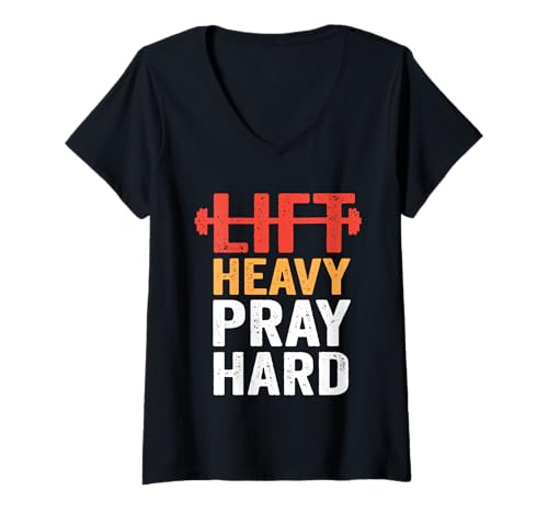 Damen Lift Heavy Pray Hard Gym Workout Christian Gewichtheben T-Shirt mit V-Ausschnitt Damen Lift Heavy Pray Hard Gym Workout Christian Gewichtheben T-Shirt mit V-Ausschnitt von Christian Jesus Religious Cross Faith Apparel