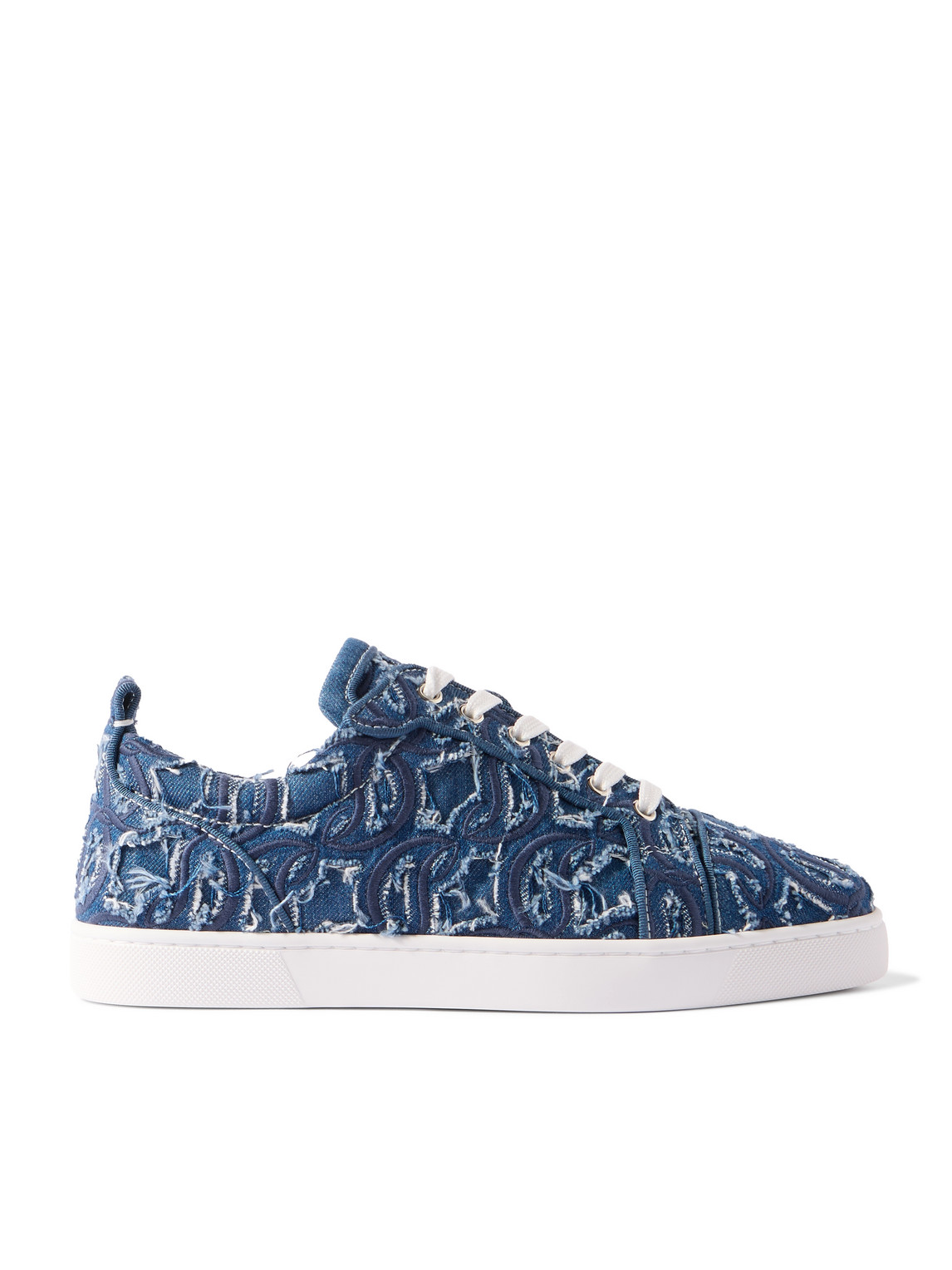 Christian Louboutin - Louis Junior Grosgrain-Trimmed Embroidered Distressed Denim Sneakers - Men - Blue - EU 43 von Christian Louboutin