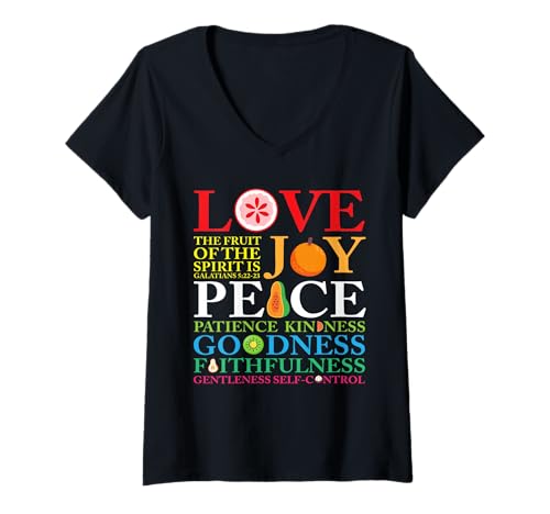 Damen The Fruit of The Spirit Love Joy Pfirsich Christlicher Bibelvers T-Shirt mit V-Ausschnitt Damen The Fruit of The Spirit Love Joy Pfirsich Christlicher Bibelvers T-Shirt mit V-Ausschnitt von Christian Love Joy Peach