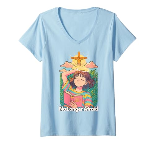 Damen Christlicher Anime - Keine Angst mehr Kawaii Bible Jesus Cross T-Shirt mit V-Ausschnitt Damen Christlicher Anime - Keine Angst mehr Kawaii Bible Jesus Cross T-Shirt mit V-Ausschnitt von Christian Manga Anime Lo-fi Girl Faith & Bible