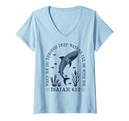 Damen Whale Shark Isaiah 43 2 Ocean Bibelvers Kunst – auf der Rückseite T-Shirt mit V-Ausschnitt Damen Whale Shark Isaiah 43 2 Ocean Bibelvers Kunst – auf der Rückseite T-Shirt mit V-Ausschnitt von Christian Marine Life Faith Design for Believers