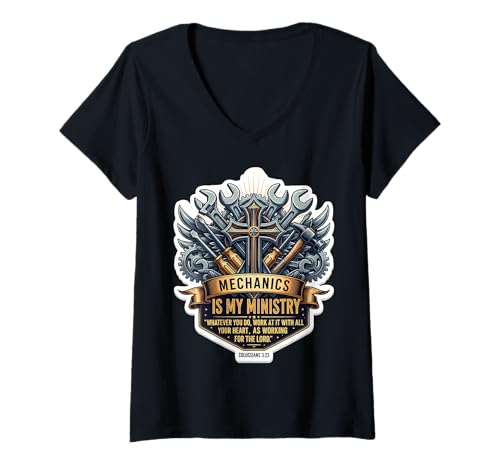 Damen Christian Mechanic Mechanics is My Ministry Bibelvers God T-Shirt mit V-Ausschnitt von Christian Mechanic Products