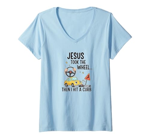 Damen Jesus hat das Steuer genommen, dann Bin ich gegen einen Bordstein gefahren Lustiger Christ T-Shirt mit V-Ausschnitt Damen Jesus hat das Steuer genommen, dann Bin ich gegen einen Bordstein gefahren Lustiger Christ T-Shirt mit V-Ausschnitt von Christian Mom Inspired