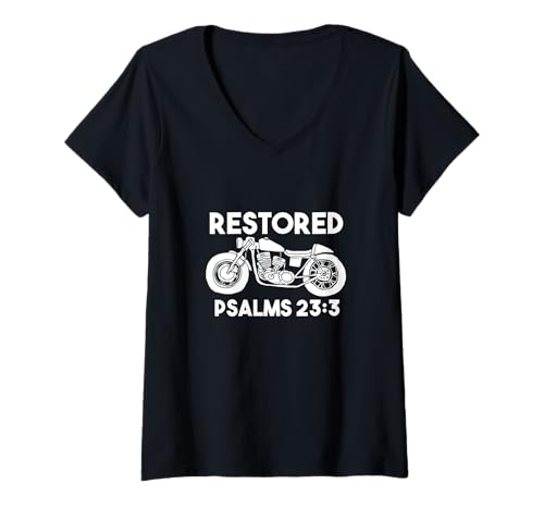 Damen Wiederhergestellte christliche Motorrad-Psalmen 23 3 T-Shirt mit V-Ausschnitt Damen Wiederhergestellte christliche Motorrad-Psalmen 23 3 T-Shirt mit V-Ausschnitt von Christian Motorcycles Mechanics