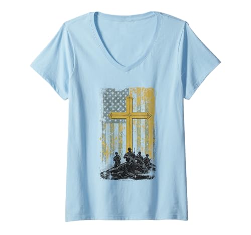 Damen Patriotisches Kreuz, amerikanische Flagge, christlicher Militär, Veteran T-Shirt mit V-Ausschnitt Damen Patriotisches Kreuz, amerikanische Flagge, christlicher Militär, Veteran T-Shirt mit V-Ausschnitt von Christian Patriotic Cross USA Military Faith