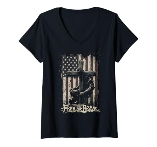 Damen Free and Brave Amerikanische Flagge Kreuz Christian Patriotisch T-Shirt mit V-Ausschnitt Damen Free and Brave Amerikanische Flagge Kreuz Christian Patriotisch T-Shirt mit V-Ausschnitt von Christian Patriotic Faith Apparel USA
