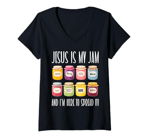 Damen Jesus is My Jam Christlicher Bibelvers Gott Christlicher Glaube T-Shirt mit V-Ausschnitt von Christian Religious Bible Verse Apparel Gifts