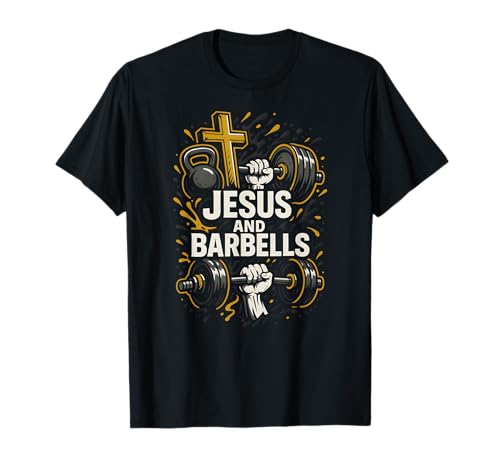 Christian Fitness Jesus und Barbells Cool Herren Faith Bekleidung T-Shirt von Christian Religious Bible Verse Spiritual Clothing