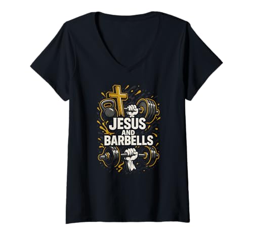Damen Christian Fitness Jesus und Barbells Cool Herren Faith Bekleidung T-Shirt mit V-Ausschnitt Damen Christian Fitness Jesus und Barbells Cool Herren Faith Bekleidung T-Shirt mit V-Ausschnitt von Christian Religious Bible Verse Spiritual Clothing