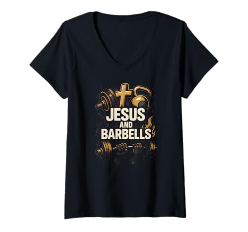 Damen Christian Fitness Jesus und Barbells Cool Herren Faith Bekleidung T-Shirt mit V-Ausschnitt Damen Christian Fitness Jesus und Barbells Cool Herren Faith Bekleidung T-Shirt mit V-Ausschnitt von Christian Religious Bible Verse Spiritual Clothing