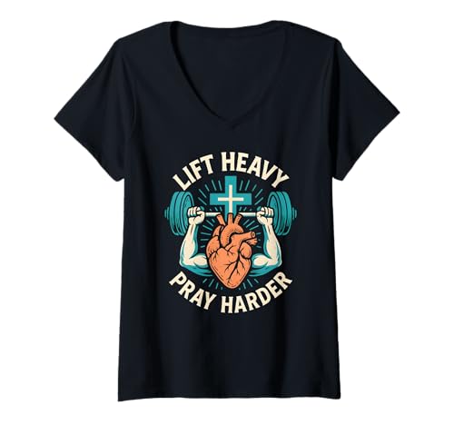 Damen Christian Fitness Lift Heavy Pray Harder Cool Mens Faith T-Shirt mit V-Ausschnitt Damen Christian Fitness Lift Heavy Pray Harder Cool Mens Faith T-Shirt mit V-Ausschnitt von Christian Religious Bible Verse Spiritual Clothing