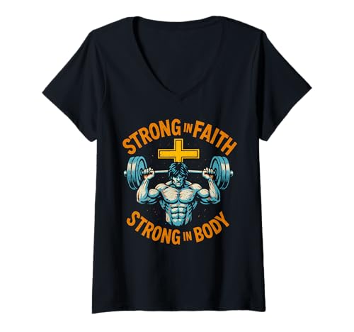 Damen Faith Strong in Faith Strong in Body Cool Herren Christian T-Shirt mit V-Ausschnitt Damen Faith Strong in Faith Strong in Body Cool Herren Christian T-Shirt mit V-Ausschnitt von Christian Religious Bible Verse Spiritual Clothing