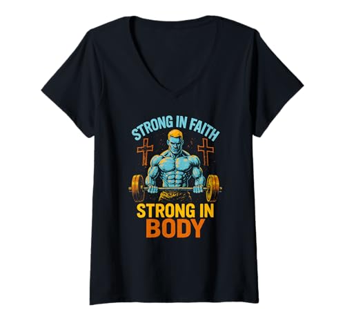 Damen Faith Strong in Faith Strong in Body Cool Herren Christian T-Shirt mit V-Ausschnitt von Christian Religious Bible Verse Spiritual Clothing