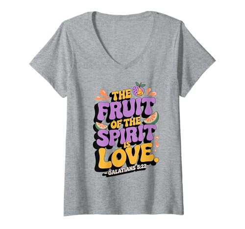 Damen Fruit of the Spirit Is Love Bibelvers Christian Art T-Shirt mit V-Ausschnitt von Christian Scripture Quote 70s Retro Bible Verse