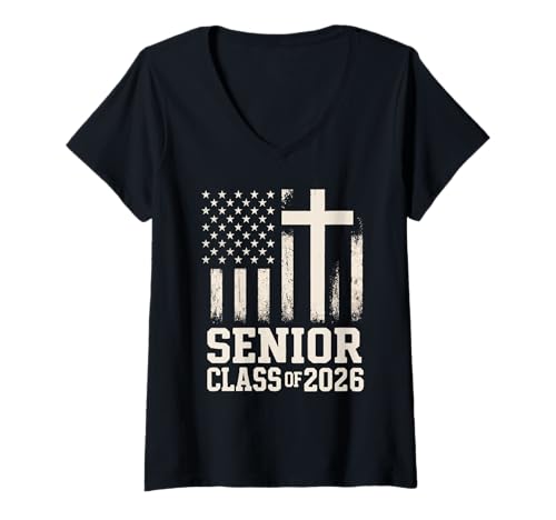 Damen Seniorenklasse von 2026 – christlicher Glaube und Flaggenstolz T-Shirt mit V-Ausschnitt Damen Seniorenklasse von 2026 – christlicher Glaube und Flaggenstolz T-Shirt mit V-Ausschnitt von Christian Senior 2026 Patriotic Graduation