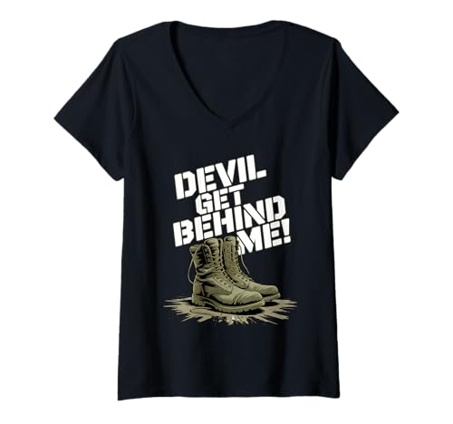 Damen Devil Get Behind Me/Kampfstiefel T-Shirt mit V-Ausschnitt Damen Devil Get Behind Me/Kampfstiefel T-Shirt mit V-Ausschnitt von Christian Soldier Designs
