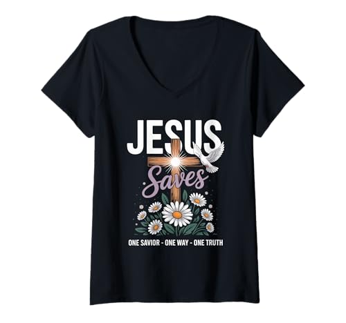Damen Christliche Streetwear mit Taubenmuster und Jesus-Erlöser-Kreuz T-Shirt mit V-Ausschnitt Damen Christliche Streetwear mit Taubenmuster und Jesus-Erlöser-Kreuz T-Shirt mit V-Ausschnitt von Christian Streetwear Bible Verse Apparel