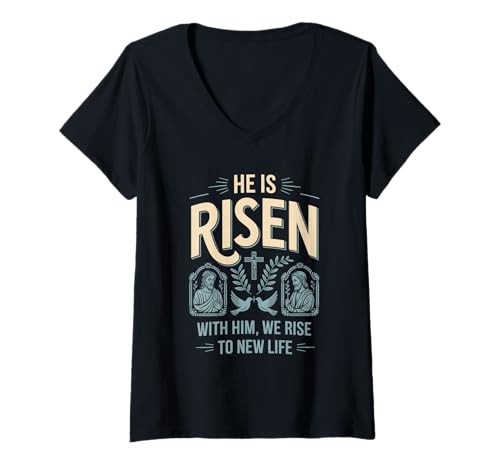 Damen Er ist mit ihm auferstanden We Rise New Life Christliche Streetwear T-Shirt mit V-Ausschnitt Damen Er ist mit ihm auferstanden We Rise New Life Christliche Streetwear T-Shirt mit V-Ausschnitt von Christian Streetwear Bible Verse Apparel