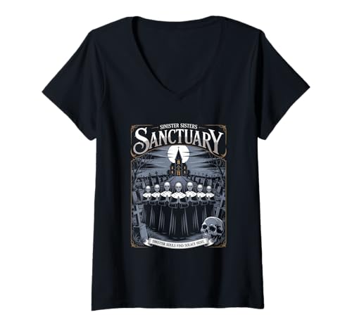 Damen Christliche Streetwear von Sinister Sisters Sanctuary T-Shirt mit V-Ausschnitt Damen Christliche Streetwear von Sinister Sisters Sanctuary T-Shirt mit V-Ausschnitt von Christian Streetwear Faith Fashion