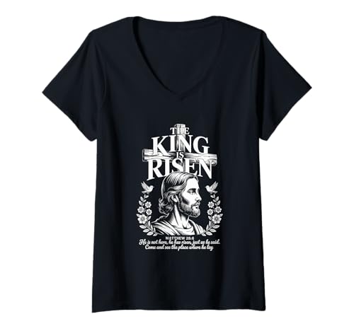 Damen Der König ist auferstanden Christliche Retro-Streetwear T-Shirt mit V-Ausschnitt von Christian Streetwear Faith Fashion