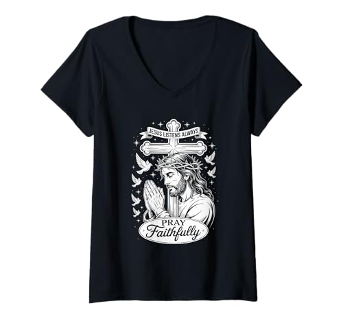 Damen Pray Faithfully Hands & Cross Christliche Streetwear T-Shirt mit V-Ausschnitt von Christian Streetwear Faith Fashion