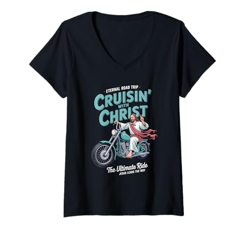 Damen Christliche Streetwear für Motorräder von Cruisin' with Christ T-Shirt mit V-Ausschnitt Damen Christliche Streetwear für Motorräder von Cruisin' with Christ T-Shirt mit V-Ausschnitt von Christian Streetwear Jesus Street Style