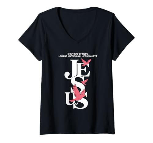 Damen Christliche Streetwear mit Jesus Hope & Pink Doves T-Shirt mit V-Ausschnitt Damen Christliche Streetwear mit Jesus Hope & Pink Doves T-Shirt mit V-Ausschnitt von Christian Streetwear Jesus Street Style
