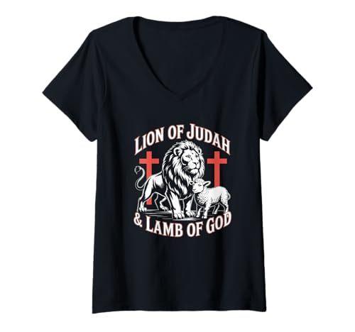 Damen Lion of Judah Lamm of God Christian Streetwear T-Shirt mit V-Ausschnitt Damen Lion of Judah Lamm of God Christian Streetwear T-Shirt mit V-Ausschnitt von Christian Streetwear Jesus Street Style