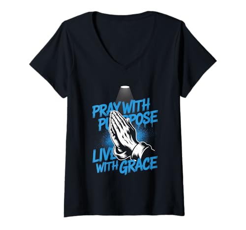 Damen Betet mit Absicht Live with Grace Christian Streetwear T-Shirt mit V-Ausschnitt Damen Betet mit Absicht Live with Grace Christian Streetwear T-Shirt mit V-Ausschnitt von Christian Streetwear Kingdom Apparel