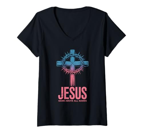 Damen Der Name Jesus Steht über allem: Christliche Streetwear T-Shirt mit V-Ausschnitt Damen Der Name Jesus Steht über allem: Christliche Streetwear T-Shirt mit V-Ausschnitt von Christian Streetwear Kingdom Apparel